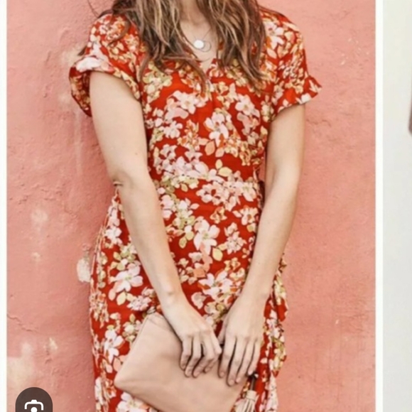 J. Jill Wrap Dress Size Large Red White Floral Print Short Ruffle Sleeve - Picture 1 of 7